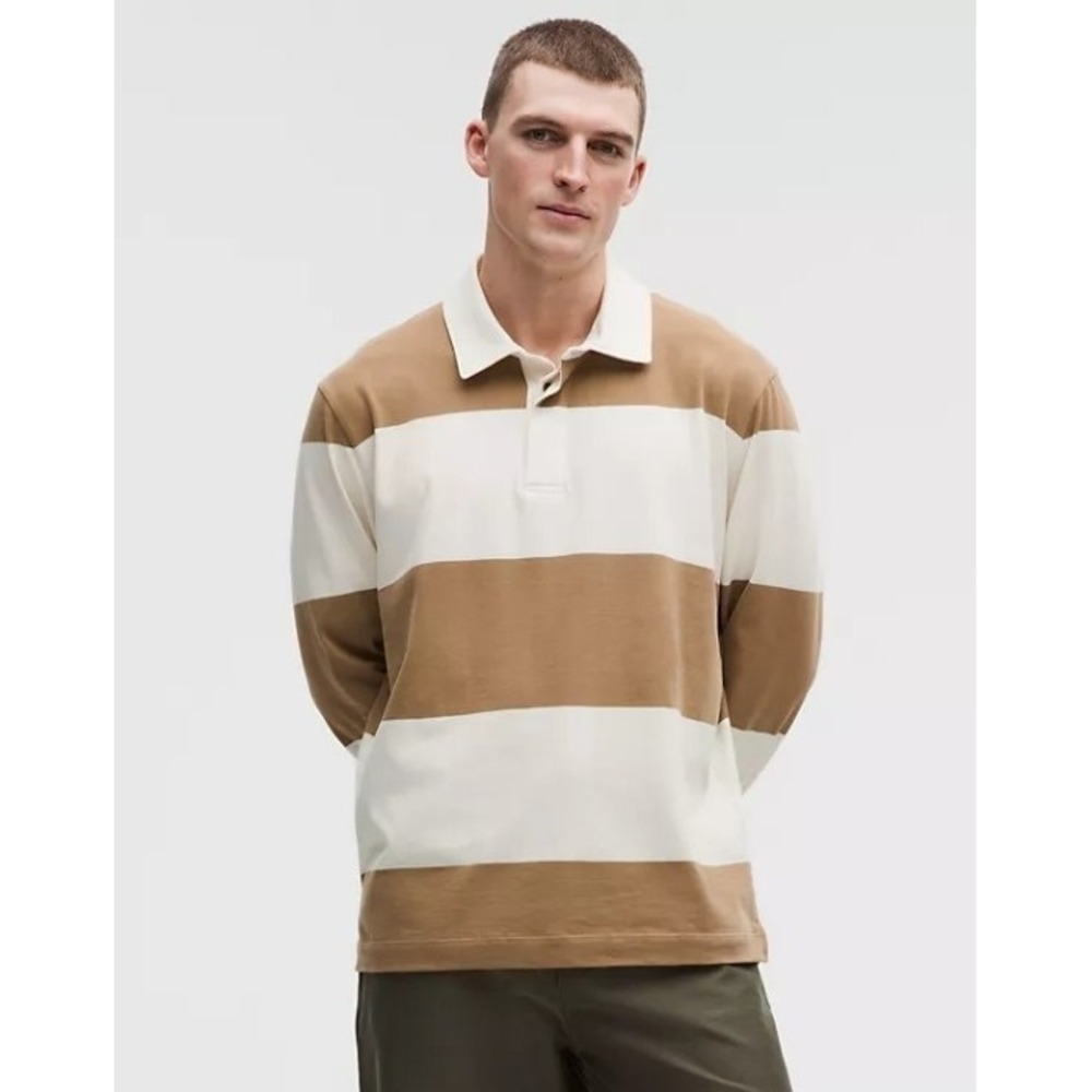 Lululemon Long Sleeve Rugby Polo Shirt Cotton Brown White  Striped WDBC Men's L
